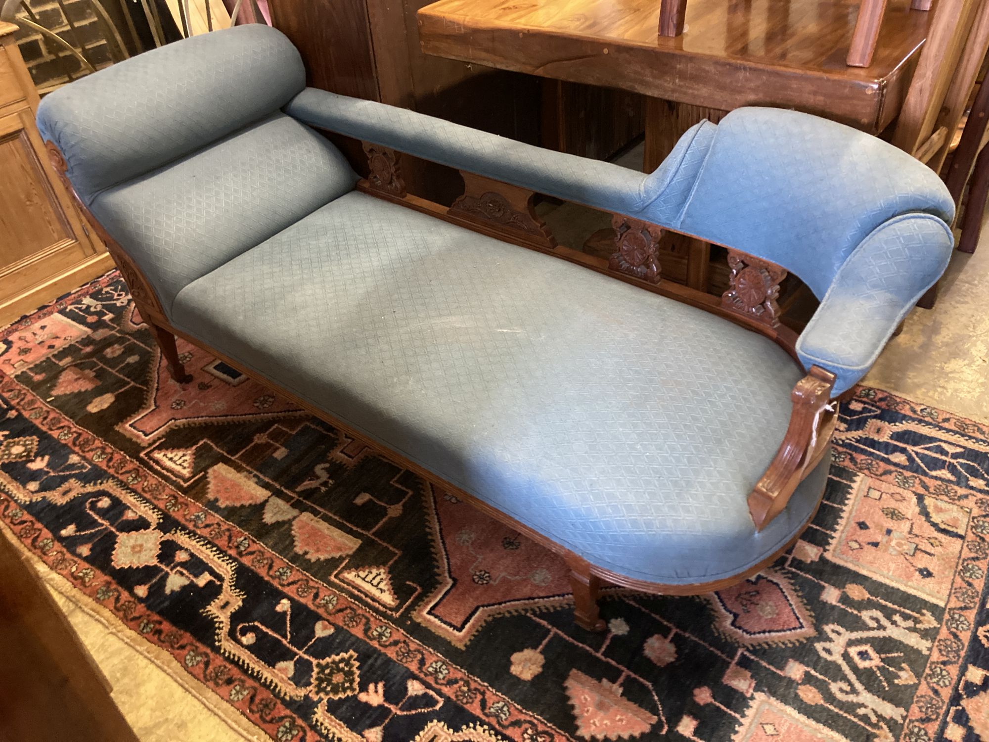 A late Victorian upholstered chaise longue, length 170cm, depth 66cm, height 73cm